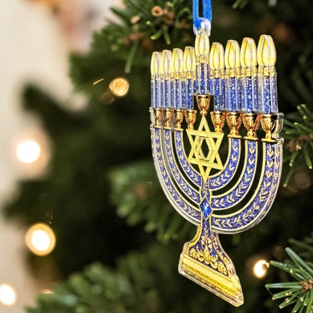 Menorah Ornament Hanukkah Tree Decor Blue Gold Jewish Holiday Gift - Picture 4 of 9